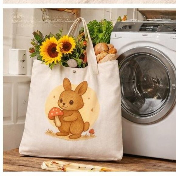 Kawaii Bunny Mushroom Canvas Tote Bag | Cute Washable Reusable Shopping Bag - Picture 3 of 4